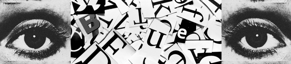 Montage artistique monochrome composé de gros plans sur des yeux et d'une mosaïque de lettres découpées, évoquant une exploration visuelle des mots et des émotions."